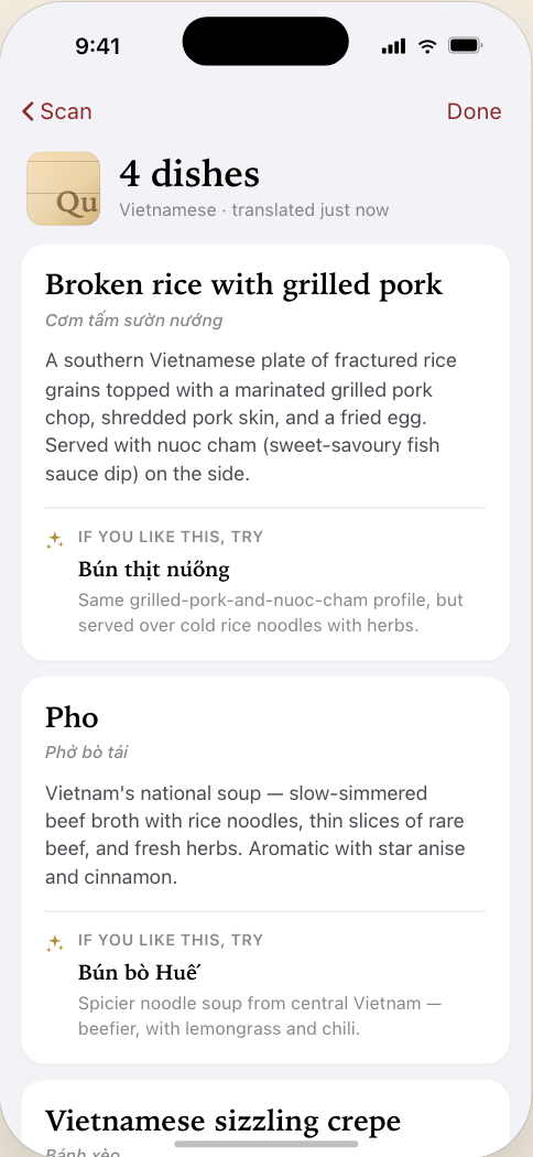 Results screen showing scannable dish list