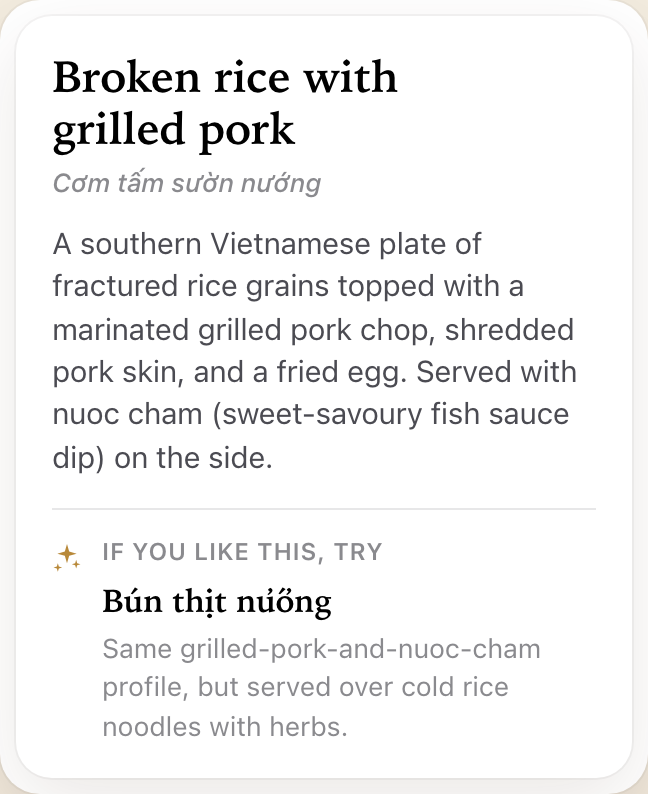 Dish card showing Cơm tấm sườn nướng with description